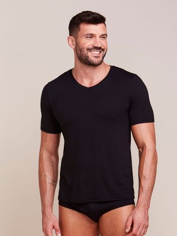 Camiseta de manga corta de viscosa con cuello en V para hombre negra