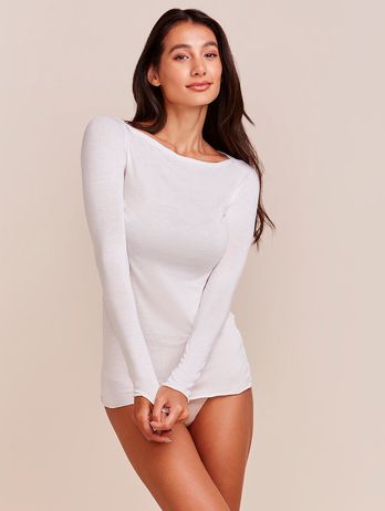 Blusa Second Skin de manga larga con cuello barco en viscosa ligera blanco roto