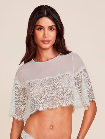 Blusa cropped de tul y encaje de perlas