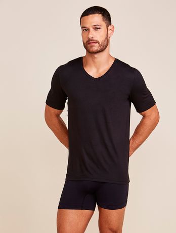 Camiseta de manga corta de viscosa con cuello en V para hombre negra