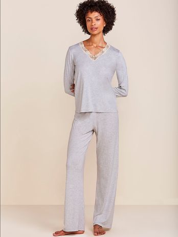 Pijama largo de cuello en V en mezcla de viscosa y encaje gris claro luna