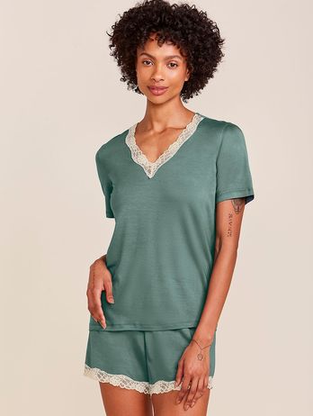 Vestido corto de viscosa y encaje con mangas cortas en color verde botánico lunar