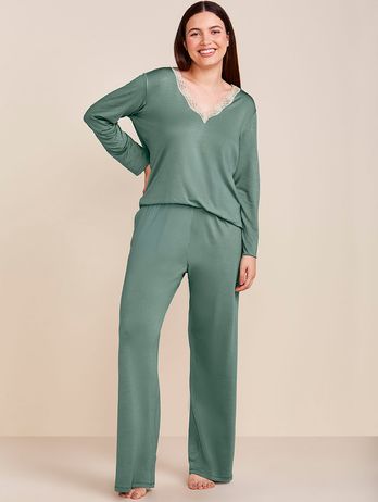 Pijama largo de cuello en V en viscosa y encaje Moon Botanical Green