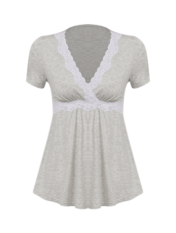 Pijama Largo de Viscosa y Encaje Premamá Gris Claro